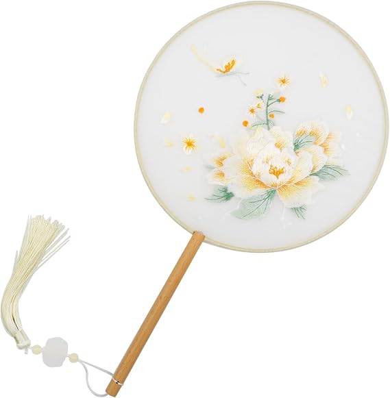 Dnyta Chinese Round Fan Double-Sided Pattern Fan Chinese Silk Hand Fan Ancient Hand Fan (Yellow Peony)