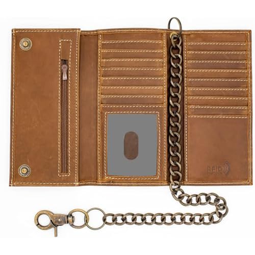 Long Trifold Leather Wallet for Men Crazy Horse Checkbook Cover RFID Blocking chain wallet Card Slots Zipper Coin Pocket Biker Stainless Chain Design in the U.S.A