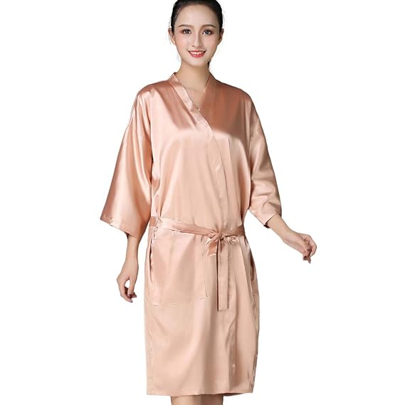Salon Client Gown Robe Cape Imitation Silk Hair Color Barber Smock Kimono Style Hairdressing Dress Beauty SPA Hotel Bathrobe Guest Clothes Night-gown Wrap (Champagne gold)