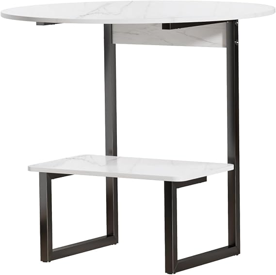 Coffee Table, C Table End Table, Round Rectangle Couch Table with Storage Shelves, Marble Look Desktop, 2-Tier Center Table Sofa Side Table for Living Room White