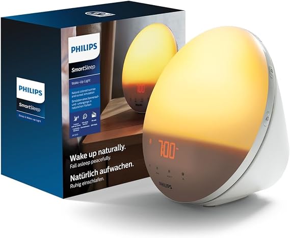 Philips Wake-up Light farbige Sonnenaufgangssimulation 20 Lichtstärken 7 natürliche Klänge Mitternachtslicht (Modell HF3531/01)