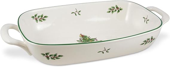 Spode Christmas Tree Oval Bread basket, 12 Inch Handled Bowl for Fruit, Bread, Cookies - Porcelain Gift, Holiday Serveware & Oven to Table Dish, Dishwasher Safe Tableware