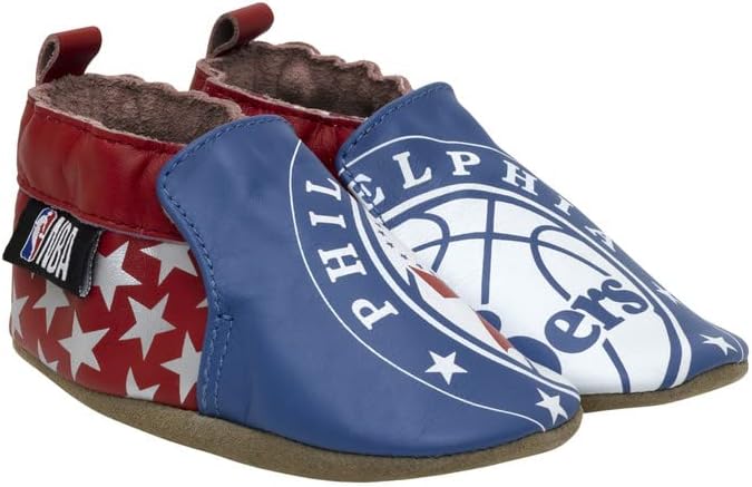 Robeez Baby Boys and Girls Basketball Team Soft Soles Slip-Resistant Crib Shoes Slippers for Infant and Toddler,Philadelphia 76ers Blue Leather,18-24 Months Toddler