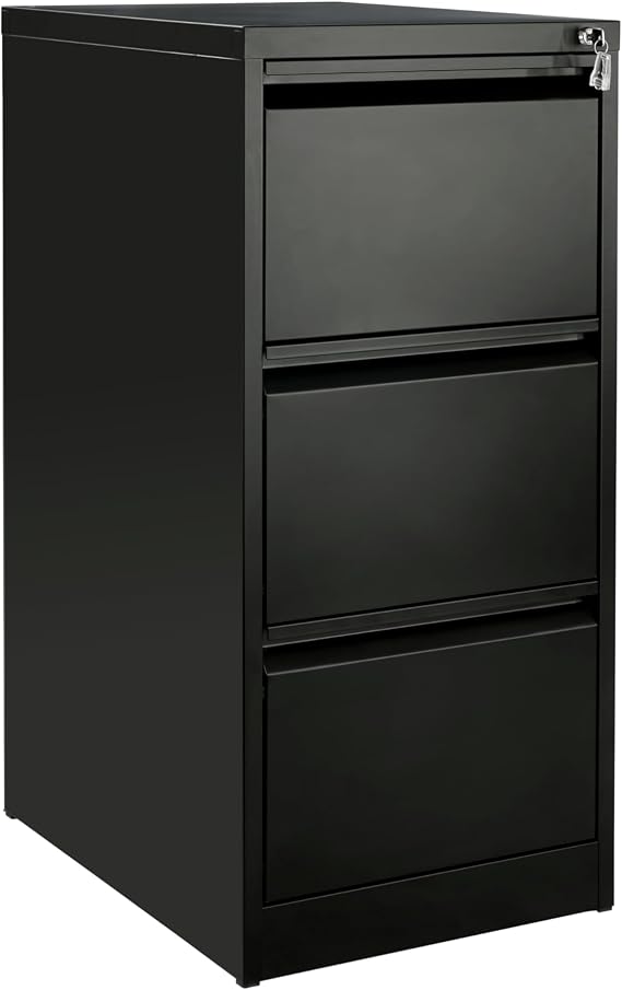The Workplace Depot Filing Cabinet – Lockable 2, 3 or 4 Drawer Steel Storage Unit in Black, White or Grey with Adjustable Hanging Rails, Space-Saving Organiser for Home & Office (Black, 3 Drawer)