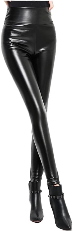 F&M Women’s Leather Pants, Faux Leather, Long Pants, High Waist, Large Size, Casual, Slim, Slim Fit, Beautiful Legs, Long Legs, Beautiful Butt, Glossy, Napped Lining, 2 Styles -