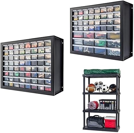 Bundle of IRIS USA 4-Shelf Heavy Duty Plastic Rack + 64 & 44 Drawer Tool Organizers