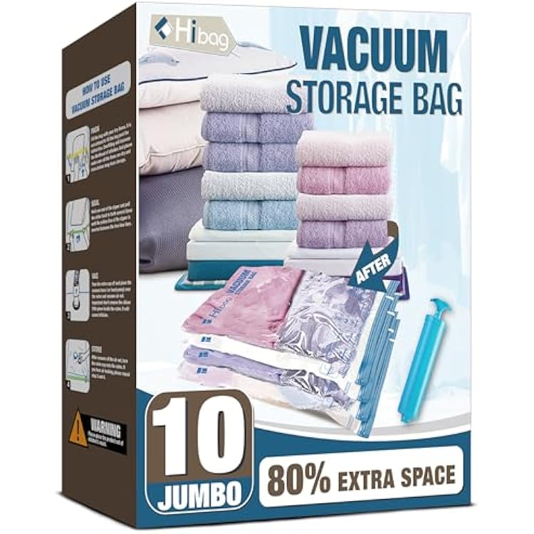 HIBAG Vacuum Storage Seal Bags, 10 Jumbo Space Saver Vacuum Sealer Bags for Clothes, Comforters, Blankets, Bedding 10J