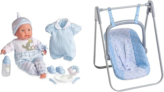 JC Toys Bundle of 15" Realistic Soft Body Baby Doll with Open/Close Eyes | 10 Piece Gift Set with Bottle, Rattle, Pacifier & Accessories | Blue | Ages 2+ | 2 in 1 Play Swing