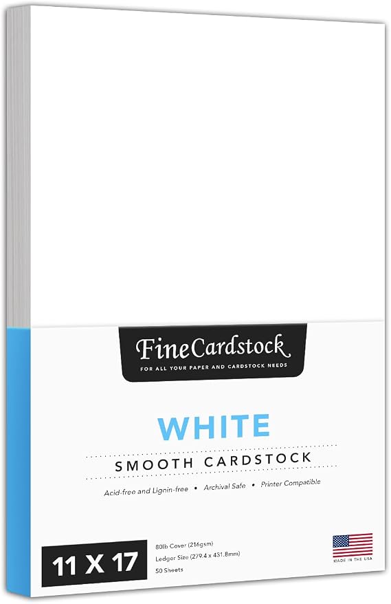 11 x 17 White Card Stock | Heavyweight 80lb Cover (216gsm) Cardstock Paper Smooth Finish | For Arts and Crafts, Brochures, Restaurant Menus, Posters | 50 Sheets per Pack