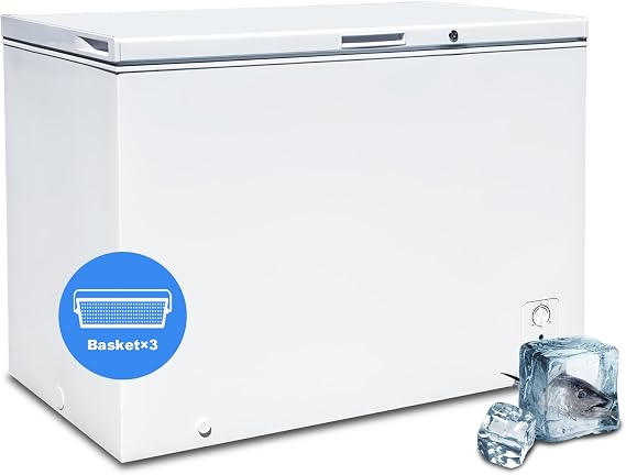 Chest Freezer 10.5 Cu.Ft, Deep Freezer with Adjustable Thermostat & 3 Removable Basket, 4 Wheels, Lock, Freestanding Top Open Door Freezer for Home, Garage, Basement, White