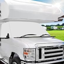 Mofeez RV Windshield Cover Compatible with Class C Ford 1997-2025, UV Block Offer Complete Privacy with Light Preserves Interior (White Color with Mirror Cutouts)