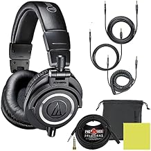 Audio Technica ATH-M50X Professional Studio Monitor Headphones Black, Bundle with Pig hog 10ft Extension Cable & Liquid Polishing Cloth with Detachable Cables