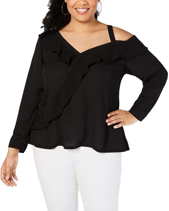 INC Womens Plus Ruffled One Shoulder Blouse Black 1X