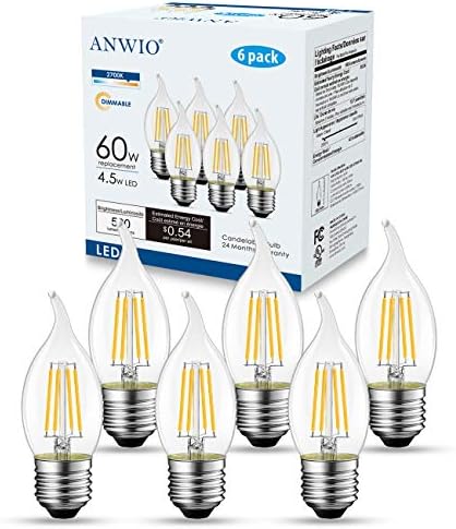 ANWIO Flame Tip Clear B11 Candle Light Bulb Indoor LED Filament Chandelier Candelabra Bulb E26 Medium Base, Dimmable Warm White LED Bulbs 2700K 4.5W 60W Equivalent Lightbulbs, 6 Pack