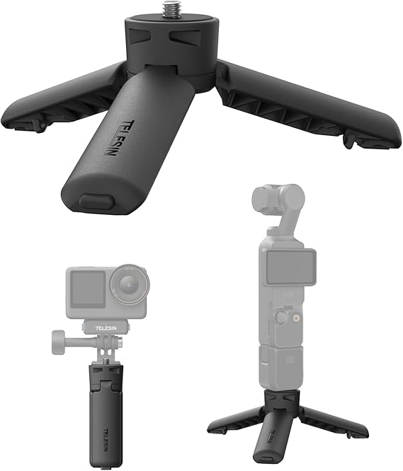 TELESIN Mini Tripod & Grip for DJI Osmo Pocket 3/4 & Insta360 Luna Ultra | One Click Open Desktop Stand&Handle with 1/4"Screw for DJI Action 6 5pro 4/GoPro/Insta360 X5/Camera/Phone/Digital Accessories
