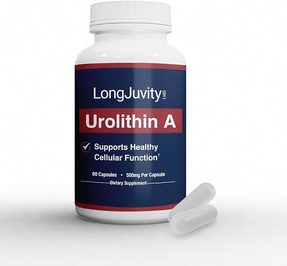LongJuvity Urolithin A Supplement (500mg) Pure, High-Potency Lab Tested Postbiotic for Optimal Cellular Health (60 Capsules)