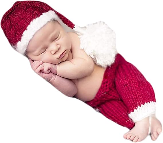 Xmas Newborn Baby Photo Props Boy Outfits Crochet Santa Claus Red Hat Pant