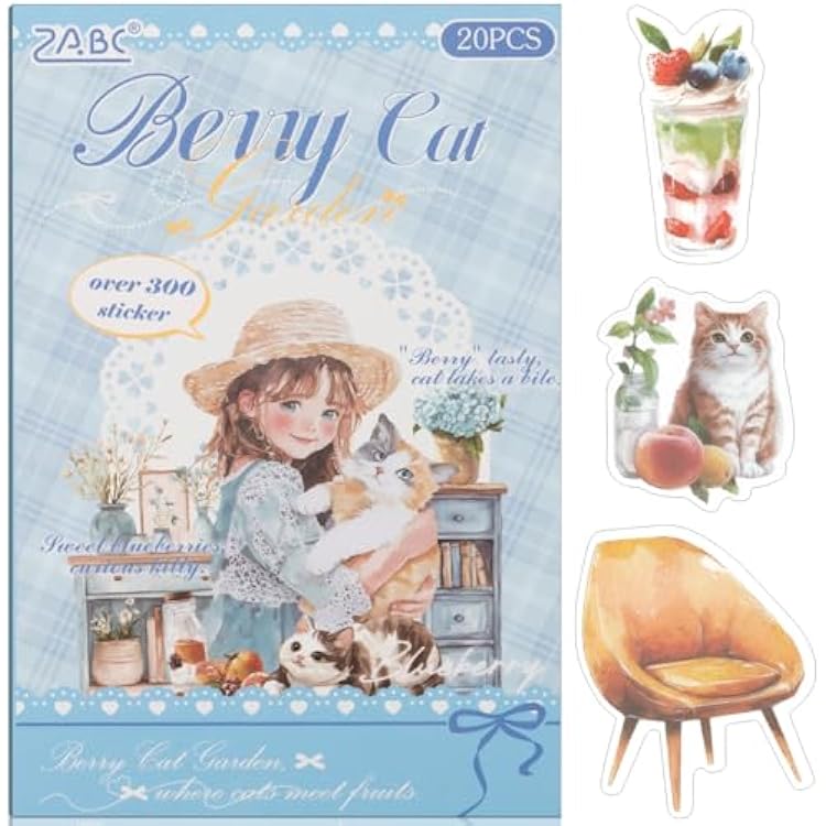 Cat Series Sticker Scrapbooking Supplies for Junk Journal, 20 Sheets PET Stickers
