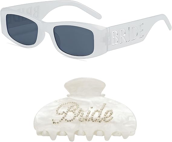 SHENYI Bride Sunglasses and Bride Claw Clip - Bachelorette Party Set | White Marble Sparkle Sunnies, Beach Decor, Bridesmaid Shower Photo Props, Night Out Favors
