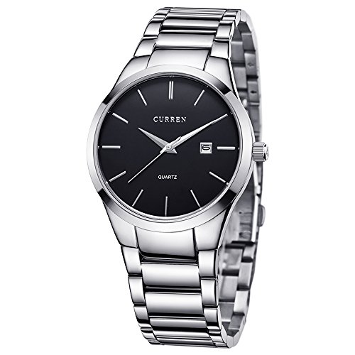 CURREN Mens Watches Classic BlackSilver Steel Band Quartz Analog Wrist Watch with Date for Man Silver black