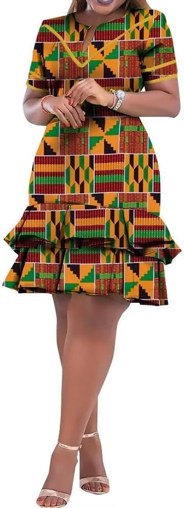 BAZINRICHE African Dresses for Women Ankara Print Mini Dress Short Sleeve