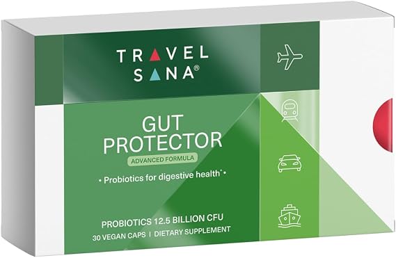 Travel Probiotics for Digestive Health, Immune Support & Occasional Travelers Diarrhea | Probiotics for Gut Health | Travel Essentials Supplement | Gut Protector | 30 Vegan Caps