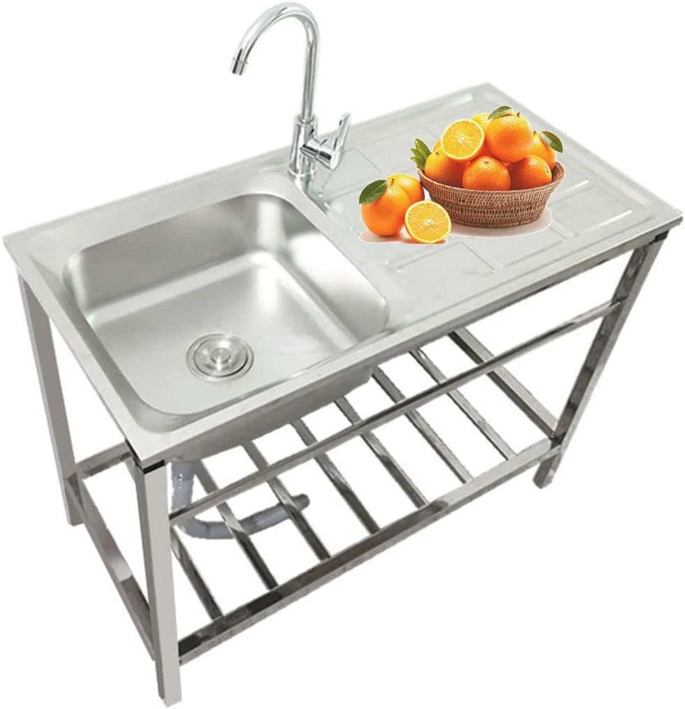 Freestanding Stainless Steel Kitchen Sink, CommercialIndustrial Sink wWorkbench & Storage Shelves, Prep & Utility Washing Hand Basin for Laundry, Silver
