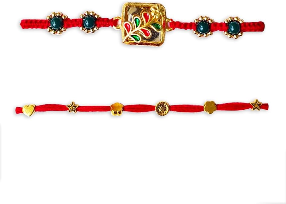 Rakhi Set of 2 for Brother God Bless You Greeting Card with Enamel Floral Rakhi & Red Charm Thread Rakhi Raksha Bandhan Rakhies Pack