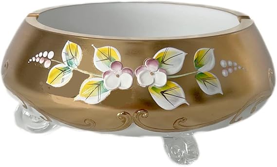 Bohemian Crystal SLAVIA Glassworks Hand Made High Enameled Painted Ashtray White Color - Czech Made