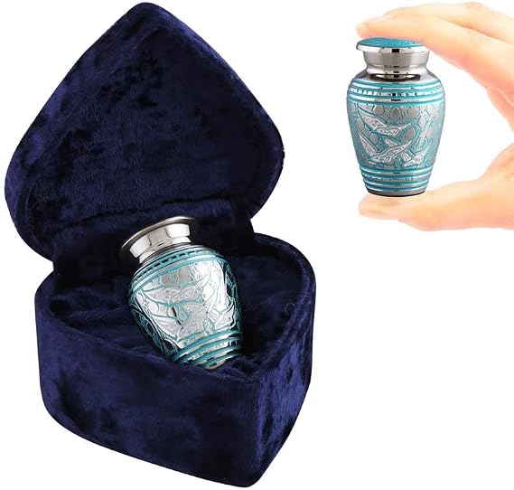 Elegant Keepsake Cremation Urn for Human Ashes Engraved Silver Metal Mini Urn with Luxury Heart Shaped Velvet Box, Bag & Funnel Sharing Memorial Urn for Pets & Loved Ones (Blue Birds)