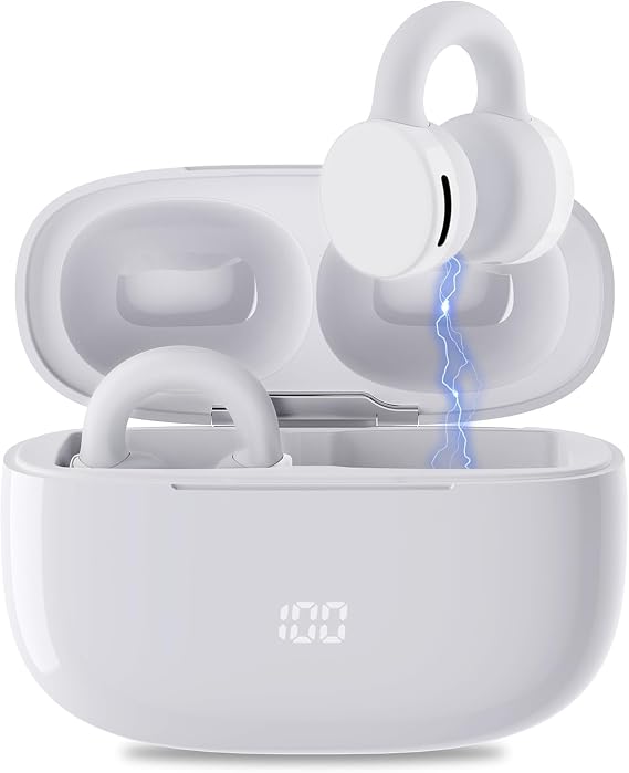 HOMSCAM Open Ear Clip Wireless Earbuds Bluetooth 5.3, Clip on Earbuds, Lightweight Comfort, Stable Fit Open Ear Headphones for Running Fitness, 40H Play, Built-in Mic, White