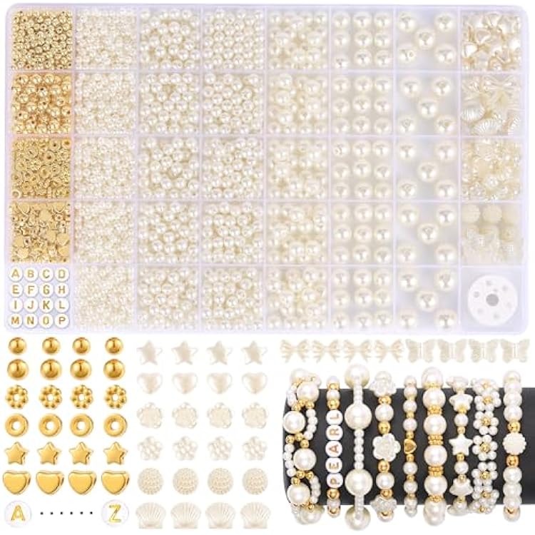 1860pcs Pearl Beads for Jewelry Making, 5 Sizes Round Pearls Bracelet Making Kit, Pearl Beads with Gold Spacer Bead Letter Star Heart Bow Bead for Necklaces Earrings DIY Crafts
