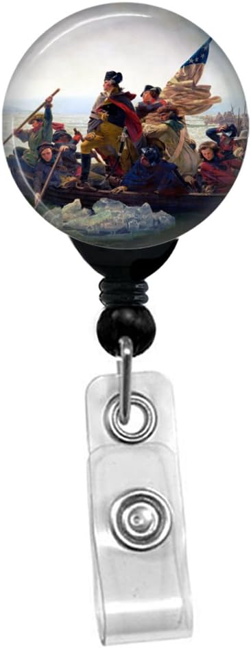 Emanuel Leutze - Washington Crossing The Delaware - Patriotic USA Flag - ID Card Name Tag Custom Retractable Badge Reel Holder (Black Badge Reel Spring Pinch Clip)