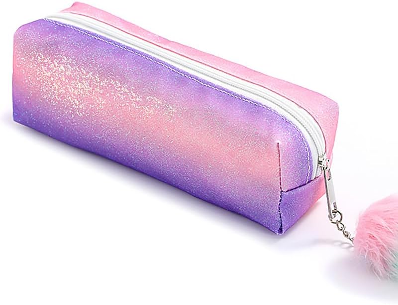 PHOGARY Glitter Preppy Pencil Case for Girls, Cute Pastel Pen Case Fluffy Zip Pull Pouch Bag Holographic Pencil Case, Sparkling School Stuff Stationery Shimmery Sequin Makeup Bag for Kids Pink