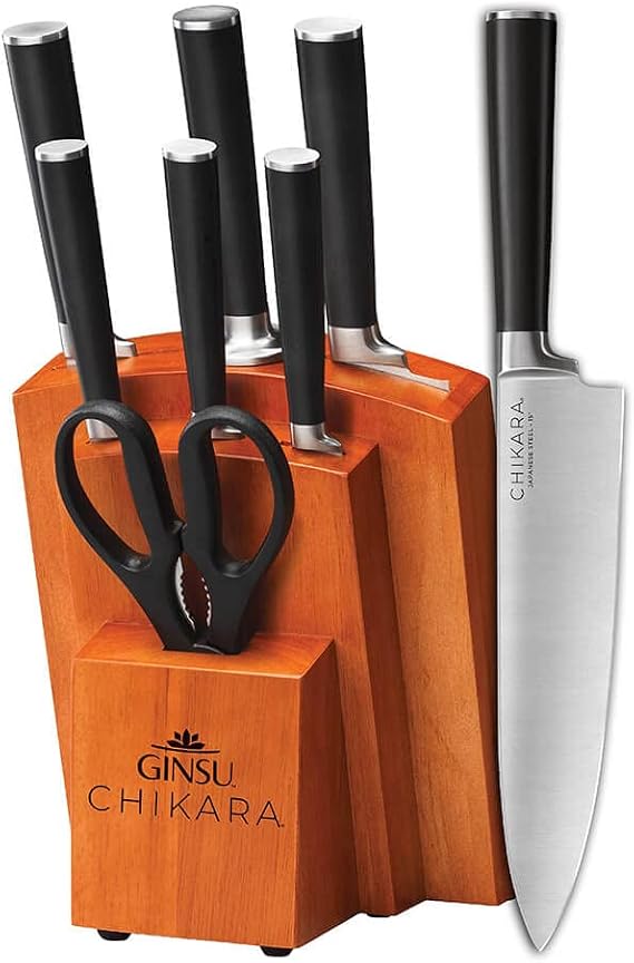 Ginsu Chikara Series Forged 8-Piece Japanese Knife Set - Premium Cutlery Set with 420J Stainless Steel Kitchen Knives and Toffee Bamboo Block