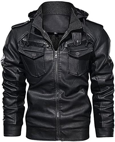 Mens Real Leather Jacket & Faux Leather Jacket with Hooded Motorcycle Biker Full Front Zip Closure Motorcycle Jacket