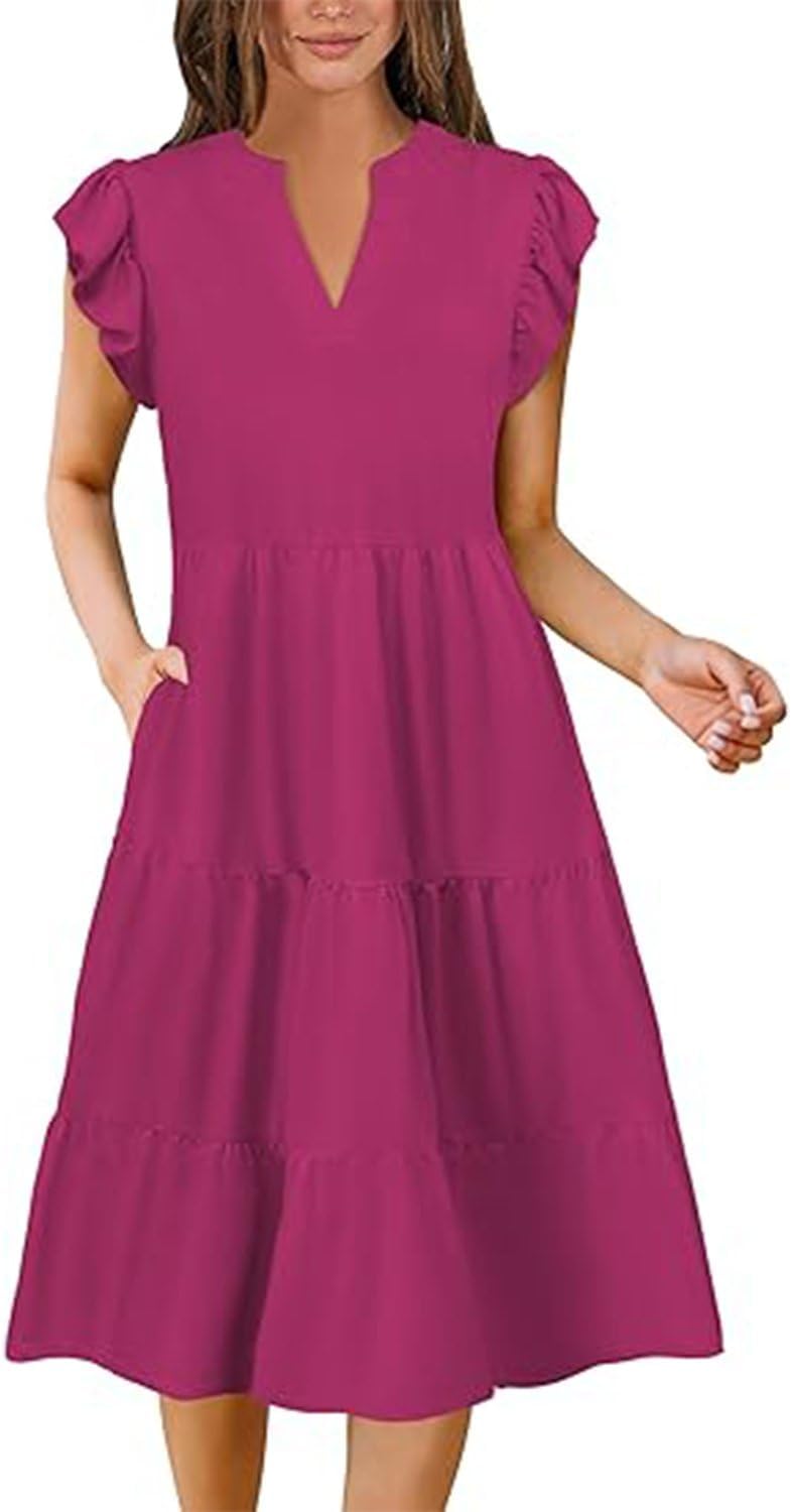 Yoolin Womens Summer V-Neck A-line Dress Sleeveless Ruffled Hem Pleated Midi Casual Loose Dress