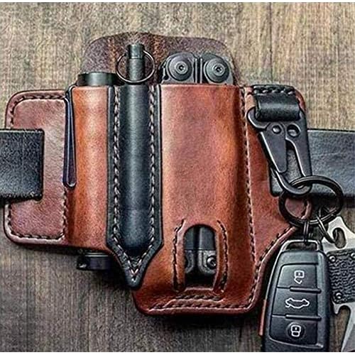 KANGDE Genuine Leather EDC Belt Loop Waist Multitool Sheath, EDC Pocket Organizer Pouch, Handmade 3 Pockets Organizer Sheath for FlashlightsTactical pensTools, Brown
