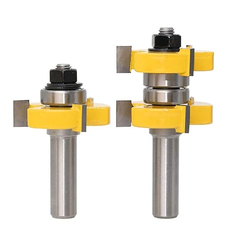 Yakamoz 2PCS Adjustable Tongue and Groove Router Bit Set | 1/2 Inch Shank Woodworking Cutting Milling Tools, 1/2" Cutting Depth, 3 Teeth T Shape