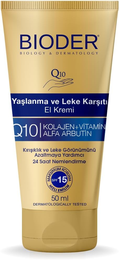 Bioder Yaşlanma Karşıtı El Bakım Kremi 50 ml – SPF 15 Koruma, Alfa Arbutin, Koenzim Q10, Kolajen ve C Vitamini İçerikli Nemlendirici
