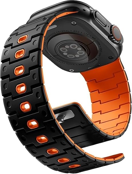 Bandletic Watchband Compatible with Apple Watch Ultra Band/Apple Watch Ultra 2 Band - Durable Silicone Magnetic Bands for iWatch Series 11 10 46mm, 9/8/7 45mm, SE3/6/5/4 44mm, 3/2/1 42mm, Black/Orange