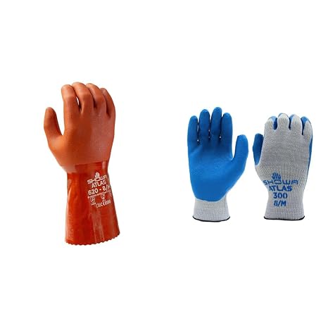 SHOWA Atlas 620 Fully Coated Double-Dipped PVC Glove Pack of 12 Pairs with Atlas 300 Natural Latex Palm Coated General Purpose Work Glove Pack of 12 Pairs, Large
