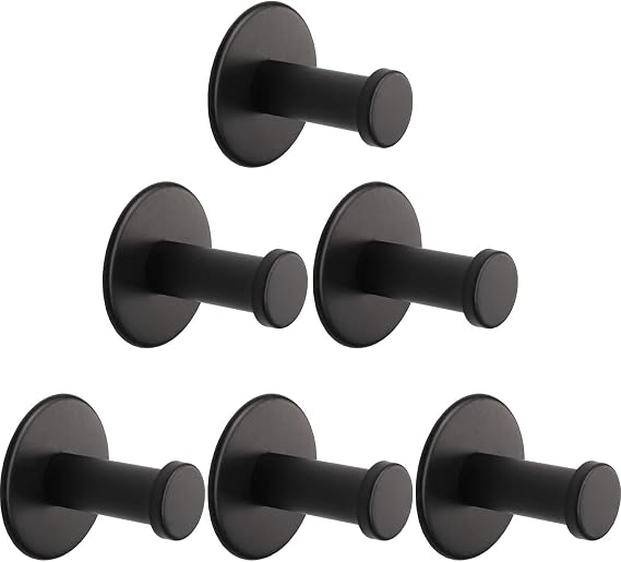 Bath Towel Hooks, 6 Pack Self Adhesive Coat Hooks, Sturdy No Drilling Robe Hook, SUS 304 Stainless Steel Heavy Duty Clothes Hanger, Wall Hooks for Bathroom Bedroom Kitchen (2 in, Black)