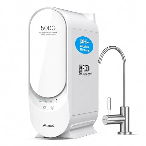 Frizzlife Reverse Osmosis Water Filter, Alkaline Mineral, NSF/ANSI 58&53&42&372 Standard, 500GPD 8-Stage Under Sink Tankless RO Water Filtration, 2:1 Pure to Drain, Reduce PFAS, PX500-A,New Packing