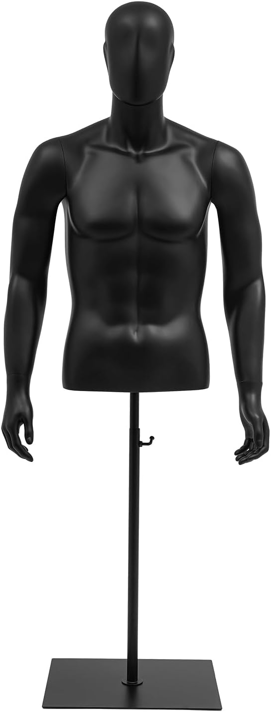 Professional Male Mannequin Torso with Head & Detachable Arms 51" to 79" Adjustable Height, Heavy-Duty Fiberglass & Steel Dress Form for Store Display, Tailoring, and Sewing