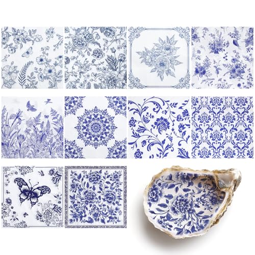 30 Pack Decoupage Napkins, 10 Styles Blue and White Floral Paper Napkins Chinoiserie Decorative Decoupage Napkin Printed Cocktail Paper for DIY Crafting Birthday Party Baby Shower