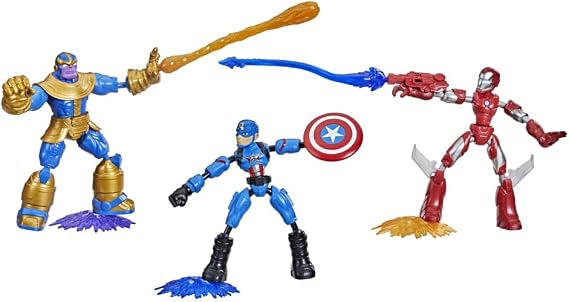 Marvel Avengers Bend and Flex, Pack of 3 Flexible Figures with Iron Man, Captain America and Thanos, Includes 9 Accessories