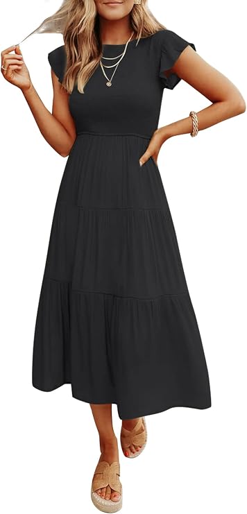 ZESICA Women's Summer Casual Flutter Short Sleeve Crew Neck Smocked Elastic Waist Tiered Midi Dress