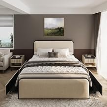 King Metal Platform Bed with 4 Under Bed Drawers, Modern Minimalist Linen Upholstered Bed Frame with Headboard & Footboard, Squeak-Free, No Box Spring Needed, Easy Assembly, Cream Beige