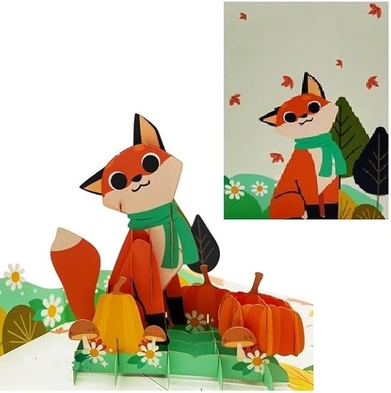 ETA Autumn Fox 3D Pop-Up Greeting Card Fall Themed Card with Pumpkins & Leaves Cute Woodland Animal Pop-Up Card for Kids, Adults, Birthdays, Thanksgiving, A41